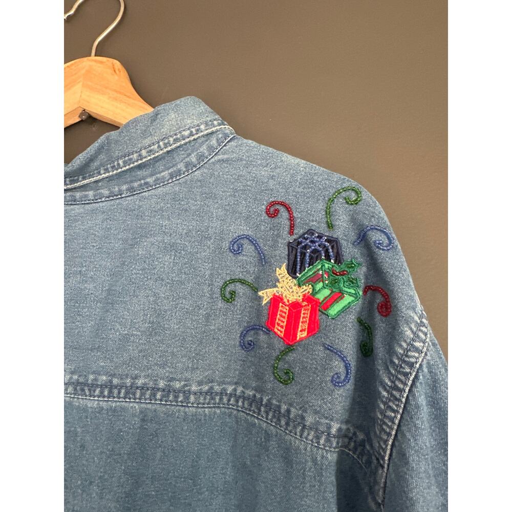 Vintage Christmas Denim Chambray Novelty Santa Embroidered Holiday Shirt Size 3X - Picture 6 of 8